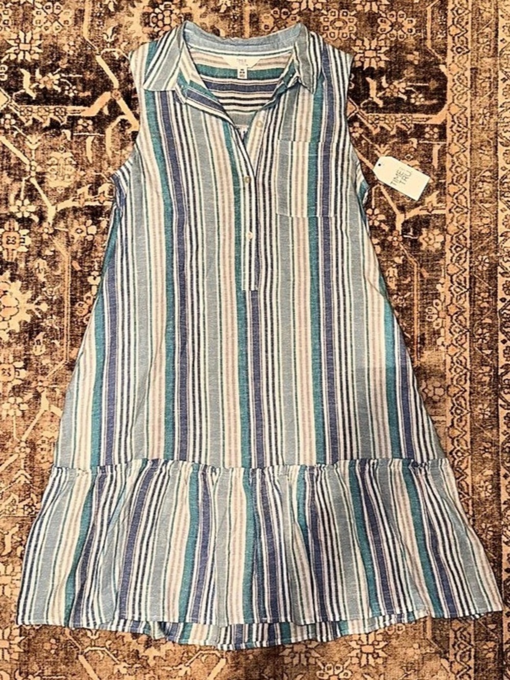 Time and Tru Sleeveless Striped Linen-Blend Dress Striped Mini Dress in Blue